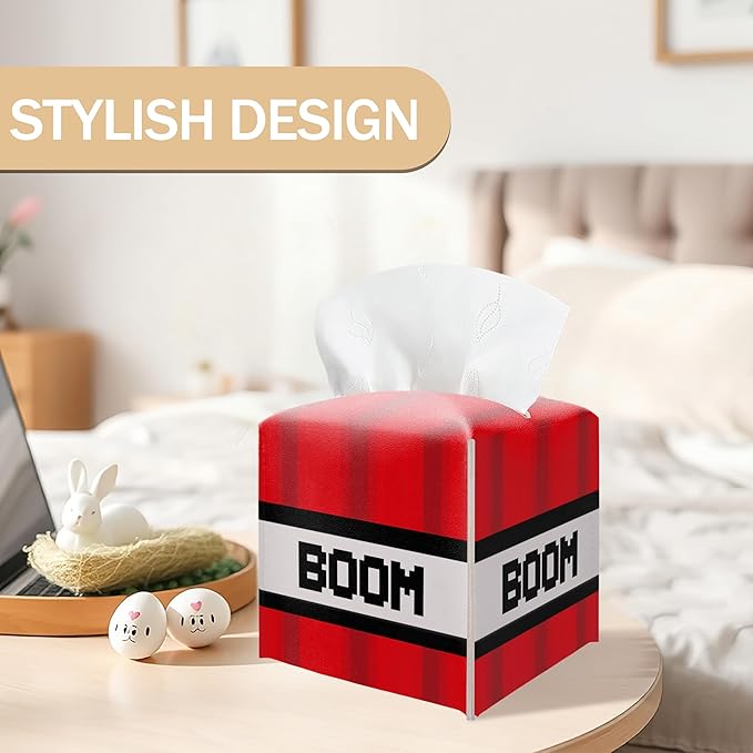 Pixel Tissue Box Cover, Tissue Box Holder Square Leather Facial Paper Organizer, Themed Red and White Pixel Art Design, Birthday Party Supplies, Baby Shower Decorations