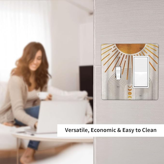Mid Century Gold Sun Abstract Arch Boho Moon 2 Gang Single Toggle Rocker Combination Light Switch Cover Unique Decorative Wall Plate Cover Electrical Faceplate Switchplate for Bedroom Decor
