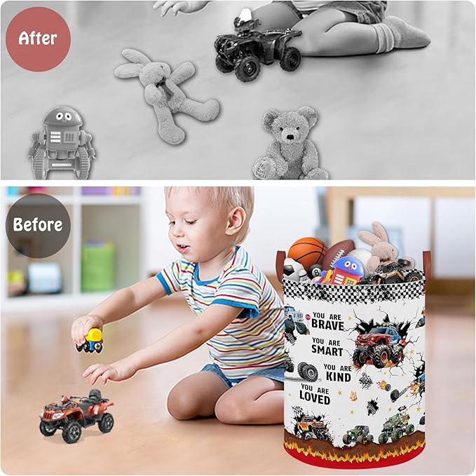 Monster Trucks Laundry Hamper Basket Kid Gift Toy Bin Empty Car Nursery Decor Hamper,Storage Basket Collapsible Clothes Book Organizer Bin for Boy,Easter Gift (Monster Trucks-Fire)