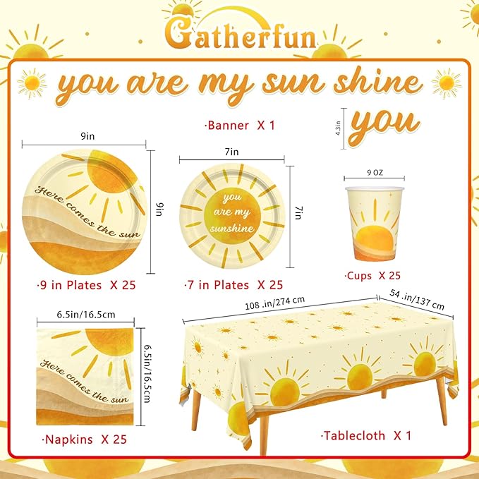 Boho Sun-Theme Birthday Party Supply Set; Complete Baby Shower Decorations with Sunshine Disposable Paper Plates, Cups, Tablecloth, Banner and Napkins for 25; Boho Baby Shower Party Decorations.