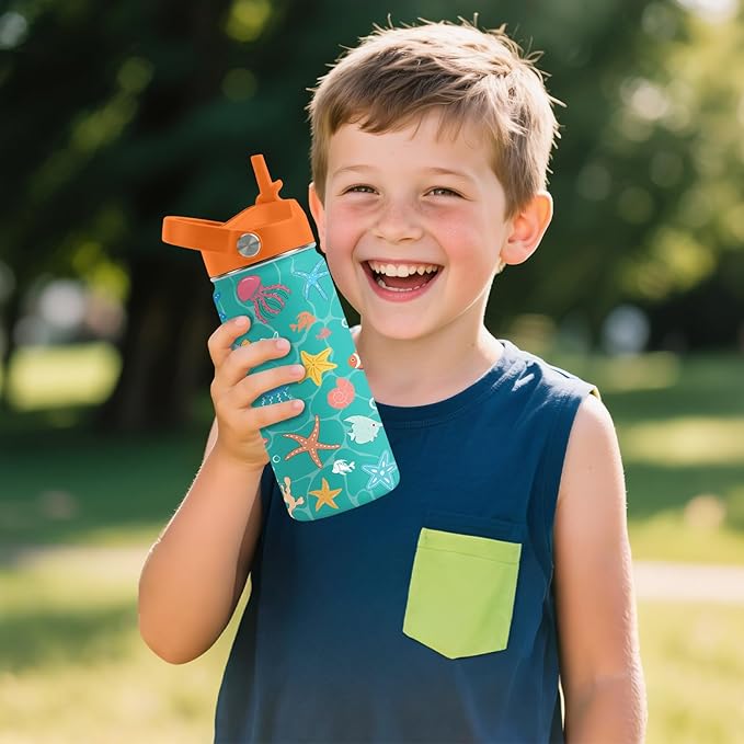 Ocean Gifts for Kids - 16 Oz Green Water Bottle with Straw Lid, Stainless Steel Insulated Tumbler, Leak Proof, BPA-Free, for Girls & Boys, School, Beach - Marine Life Lovers Birthday Gifts (1pc)