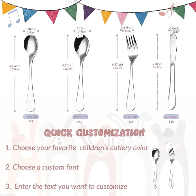 Customized Toddler 4pcs Set Tableware, BUGMKCS Personalized Kids Utensils and Toddler Supplies, 304 Stainless Steel Children Forks and Silverware with Name for Feeding, Kids Cutlery Set