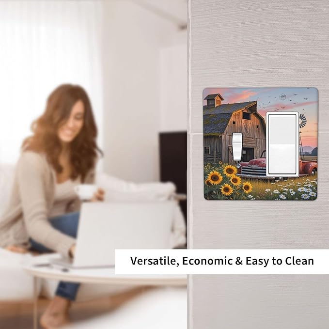 Rustic Barn Red Truck Windmill Sunflower Outlet Covers 1 Toggle 1 Rocker Combination Decorative Wall Plate Electrical Switch Plates Light Switch Cover Plate for Farmhouse Home Decor