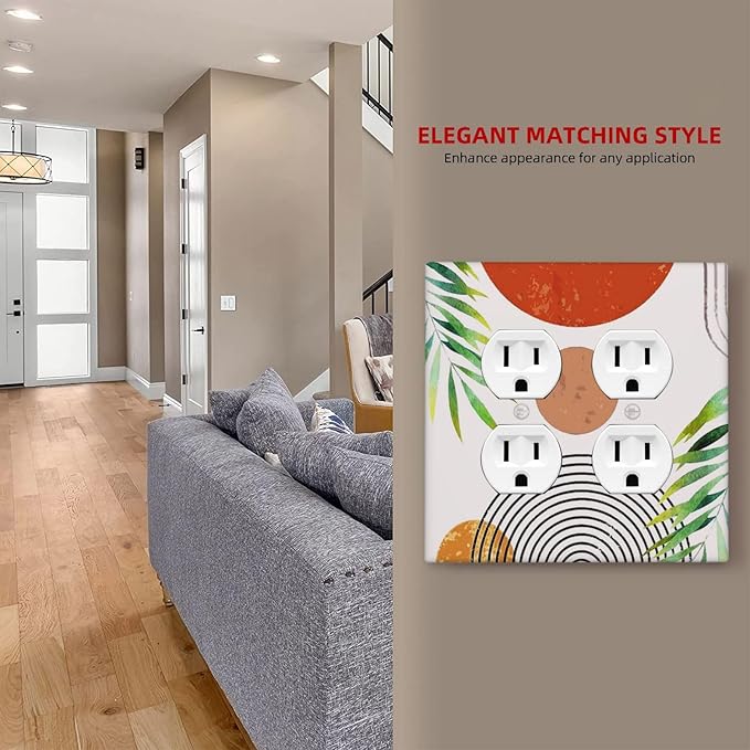 Red/Orange Boho Sun Sunset Abstract Art 2-Gang Device Duplex Wall Plate, Mid Century Bohemian Arch Olive Leaf Decorative Two Gang Double Duplex Receptacle Socket Outlet and Light Switch Cover Plate