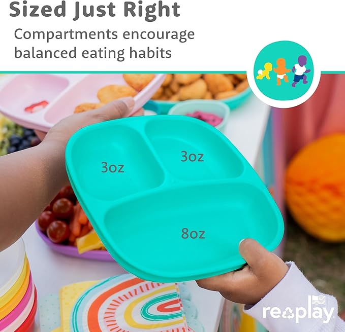 Re-play 3x3 Divided Toddler Plates and Utensils Set - Toddler Forks and Spoons Set - Dishwasher and Microwave Safe - Made in USA - Aqua Asst