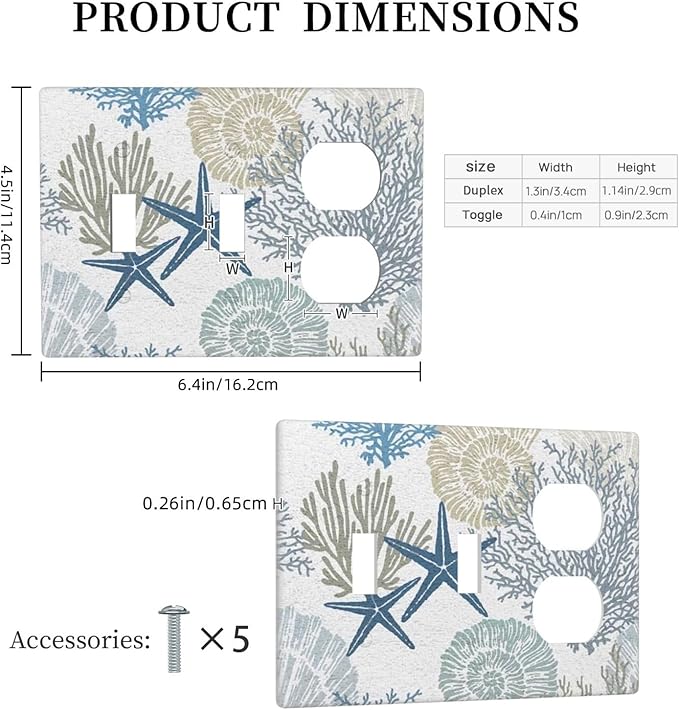 Teal Blue Nautical Beach Coral Starfish Theme Decorative 3-Gang Combination 2 Toggle 1 Duplex Wall Plate Receptacle Outlet Cover Conch Seashell Ocean Combo Device Light Switch Faceplate Cover
