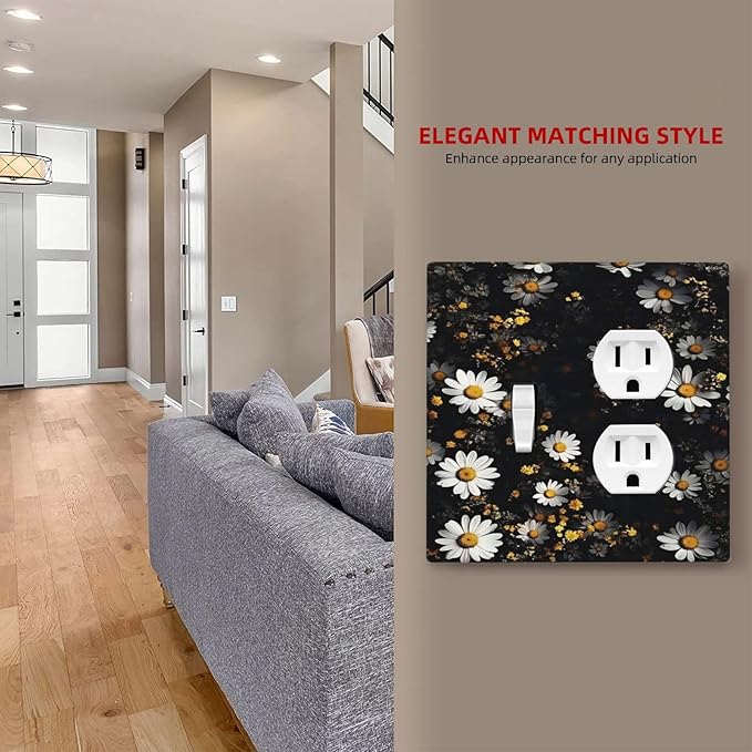 White Black Daisy Wildflower Modern Chrysanthemum Wallplates 1 Toggle 1 Duplex Switch Plate Electrical GFCI Faceplate Decorative Light Switch Covers for Bedroom Farmhouse Decor