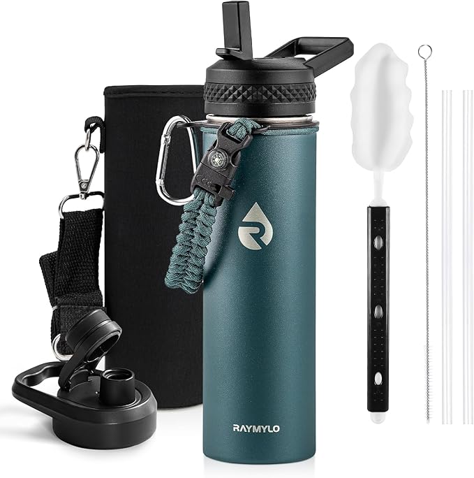 RAYMYLO Insulated Water Bottle 20 oz, Triple Wall Vacuum Stainless Steel (Cold for 24Hrs, Hot for 12Hrs), Leak Proof & Non-BPA, Kids Water Bottle Jug for School with Straw Spout Lids