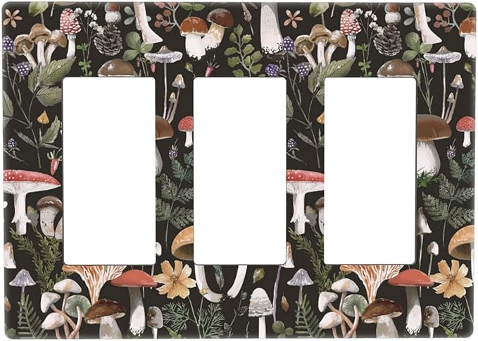 Black Boho Moth Botanic Mushroom Triple Decorator Light Switch Cover 3 Gang GFCI/Rocker Wallplate Decorative Electrical Faceplate Switchplate Dimmer Screwless