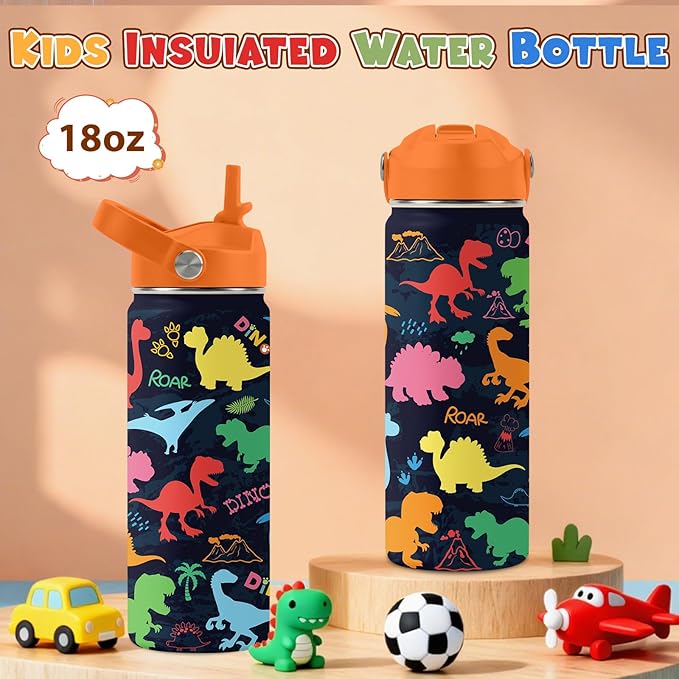 Dinosaur Gifts for Kids - 18oz Colorful Dino Water Bottle with Straw Lid, Stainless Steel Insulated Tumbler, Leakproof, BPA-Free, for Boys & Girls, School, Travel - Dino Lovers Birthday Gift Cup (1pc)