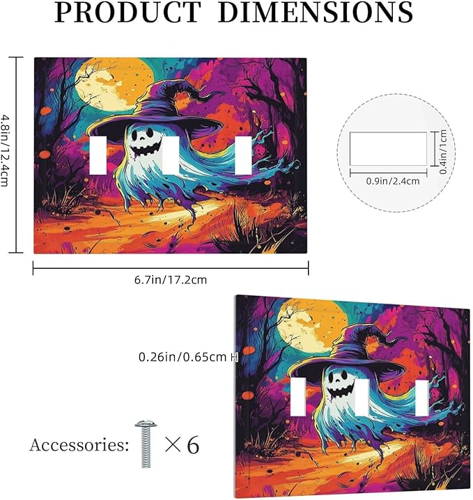 Decorative Switch Plates Ghost Colorful Forest Moon Dead Tree 3 Gang Wall Plate Triple Toggle Light Switch Cover Faceplate Electrical Wall Panels For Nursery Kids Room Decor