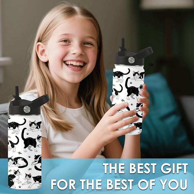 Cat Gifts for Kids - 16oz Black Cat Water Bottle with Straw Lid, Stainless Steel Insulated Bottle, Leak Proof, BPA-Free, for Boys, Girls, School - Black and White Cat Gifts Cats Lovers Gift Cup(1pc)