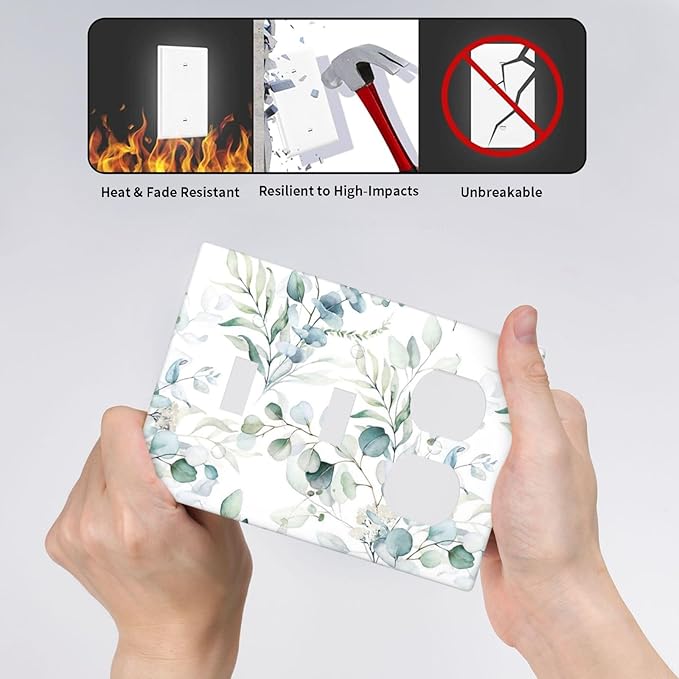 Nature Spring Eucalyptus Green Saga Leaf Plant Botanical 3 Gang Combination 2 Toggle 1 Duplex Receptacle Light Switch Wall Plates and Outlet Cover Triple Device Combo Two Toggle One Receptacle Cover