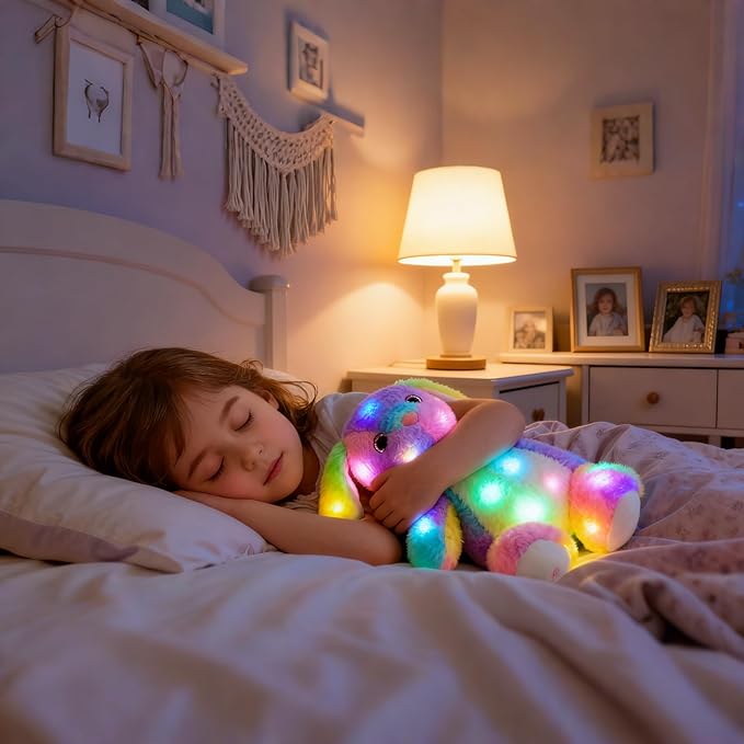 Hopearl LED Musical Stuffed Bunny Colorful Lighting Up Singing Plush Rabbit Adjustable Volume Lullaby Animated Soothe Birthday Festival for Kids Toddlers, 10''