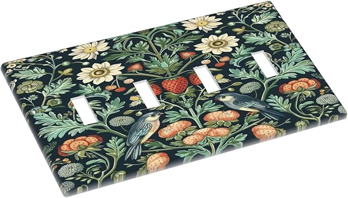 Light Switch Cover Plate Strawberry Birds Flowers Plant Morris Floral 4 Gang Quad Toggle Decorative Switch Plates Electrical Wall Plates Faceplate for Bathroom Bedroom Decor