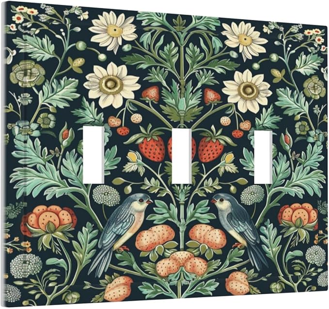 Light Switch Cover Plate Strawberry Birds Flowers Plant Morris Floral 3 Gang Triple Toggle Decorative Switch Plates Wall Plates Electrical Switchplate Faceplate for Bathroom Bedroom Decor