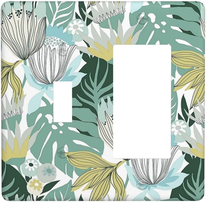 Retro Tropical Leaves 2 Gang Toggle Rocker Combo Wall Plates Decorative GFCI Device Outlet Cover Receptacle Electrical Faceplate Switchplate for Bedroom Bathroom Kitchen Decor