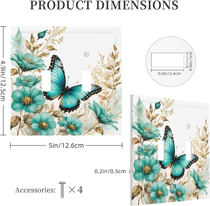 Decorative Light Switch Cover Plate Butterfly on Blue Daisy Flower Floral Golden Leaf 2 Gang Wall Plate Oversized Double Toggle Two Switch Wall Cover Plate Dual Device Face Plate
