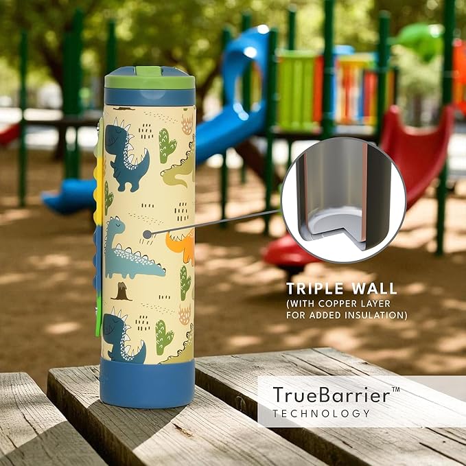 Elemental Iconic Kids Water Bottle for School - 100% Leak-Proof Insulated Water Bottles with Straw Lid & Pop-It Handle for Boys & Girls - Triple-Wall Insulated & BPA-Free, 20oz – Dinosaur