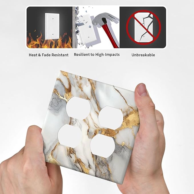 Light Switch Cover Plate White Gold Abstract Luxury Marble Patterns 2 Gang Socket Covers Double Duplex Wallplates Switch Plates and Outlet Covers for Bathroom Home Decor