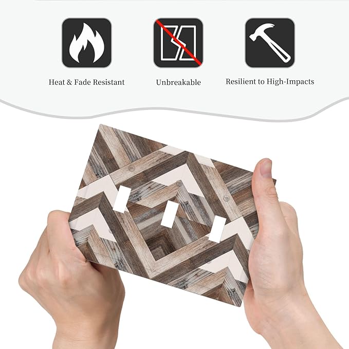 Polygon Collage Abstract Shapes Rustic Wood Panel Print Decorative Switch Plates 3 Gang Wall Plate Triple Toggle Light Switch Cover Faceplate Electrical Wall Panels for Farmhouse Bedroom Decor