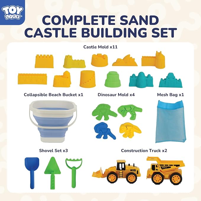 TOY Life 22 Pcs Dinosaur Beach Toys for Kids Ages 4-8 Collapsible Sand Toys with Construction Cars Silicone Bucket Shovels & Sand Castle Building Kit Molds, Sandbox Toy for Summer, Travel, Fishing