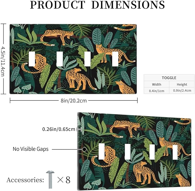 Jungle Cheetah Tropical Wildlife Leopard Green Palm Leaf Light Switch Covers Quad Toggle Electrical Faceplate 4 Gang Wall Plate Decorative Switch Plates Cover for Farmhouse Home Decor