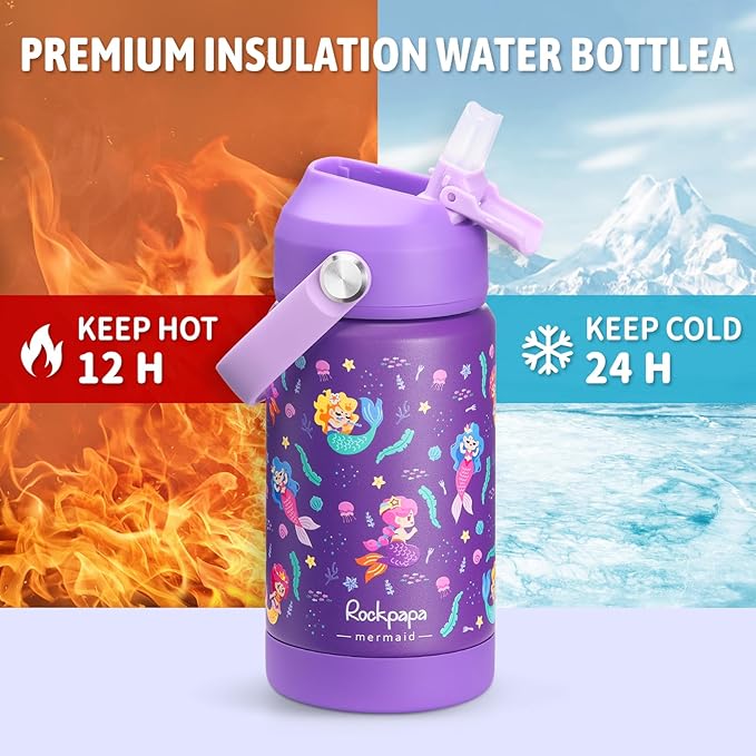 rockpapa 14 oz Kids Insulated Water Bottle，Stainless Steel Toddler Cups with Straws, BPA Free, Leak-Proof, Kids Water Bottle for School Boys& Girls (Purple Mermaid)