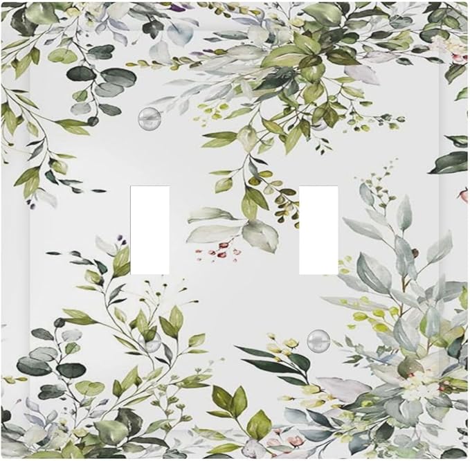 Eucalyptus Sage Green Leaf Plant Floral Decorative Switch Plates 2 Gang Double Toggle Outlet Light Switch Cover Wall Plate Electrical Faceplate for Bedroom Living Room Decor