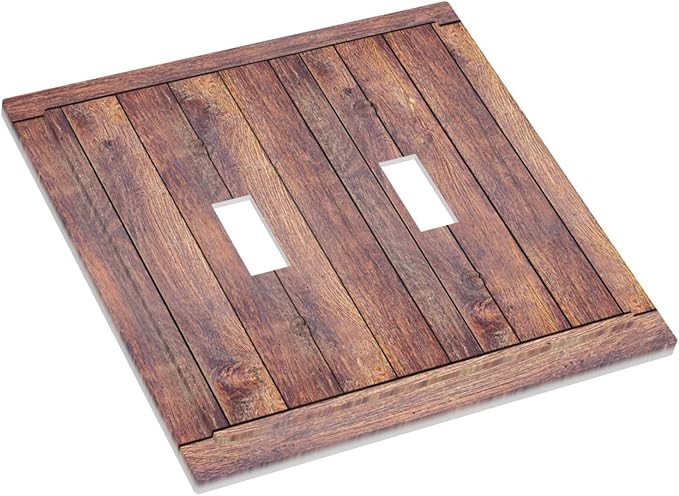Decorative Switch Plate Cover with Wood Texture Rustic Vertical Planks Brown Design 2 Gang Wall Plate Unique Double Toggle Double Light Switch Covers Vintage Aesthetic Kitchen/Bedroom Decor