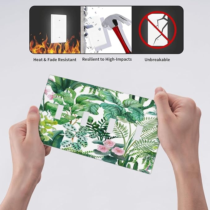 Tropical Palm Leaves Green Jungle Botanical Floral Flowers Light Switch Covers Quad Toggle Electrical Faceplate 4 Gang Wall Plate Decorative Switch Plates for Bedroom Living Room Decor