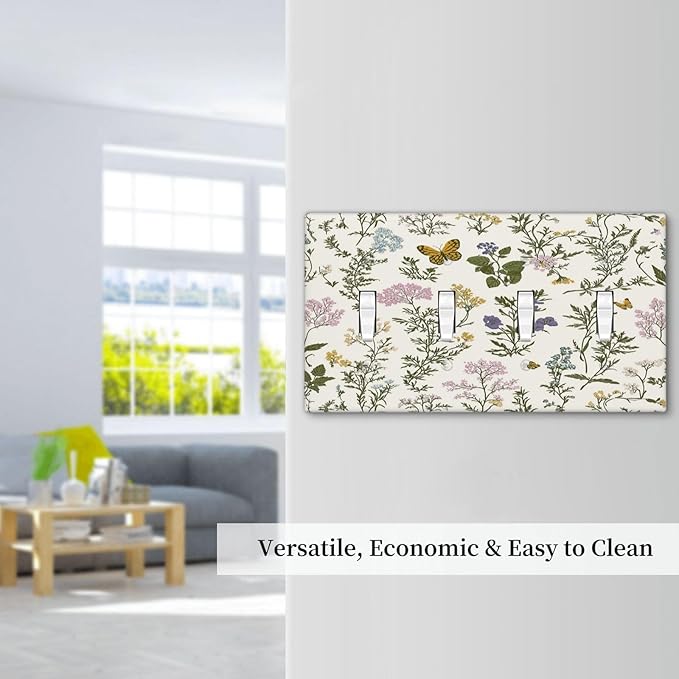 Light Switch Covers Vintage Colorful Flowers Butterfly Floral Quad Toggle Electrical Faceplate 4 Gang Wall Plate Decorative Switch Plates For Bed Room Living Room Decor