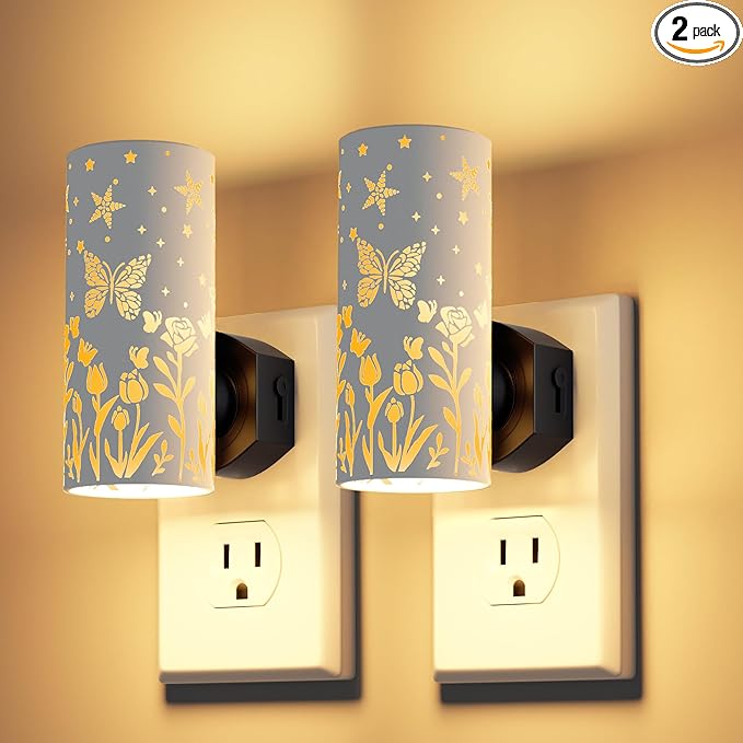 LED Night Lights Plug into Wall, 2-Pack 3000K Bright Plug in Nightlights, Dusk-to-Dawn, Dimmable 0-100LM, Auto-On/Off, Home Decor for Bedroom, Bathroom, Hallway, Kitchen, White Butterfly
