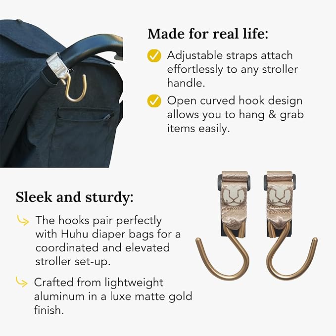 Huhu Essential Stroller Hooks - Lightweight Aluminum Stroller Bag Hook with Adjustable Straps, Matte Gold S-Hooks for Diaper Bag, Shopping, Everyday Essentials – Universal Fit Baby Stroller Accessory