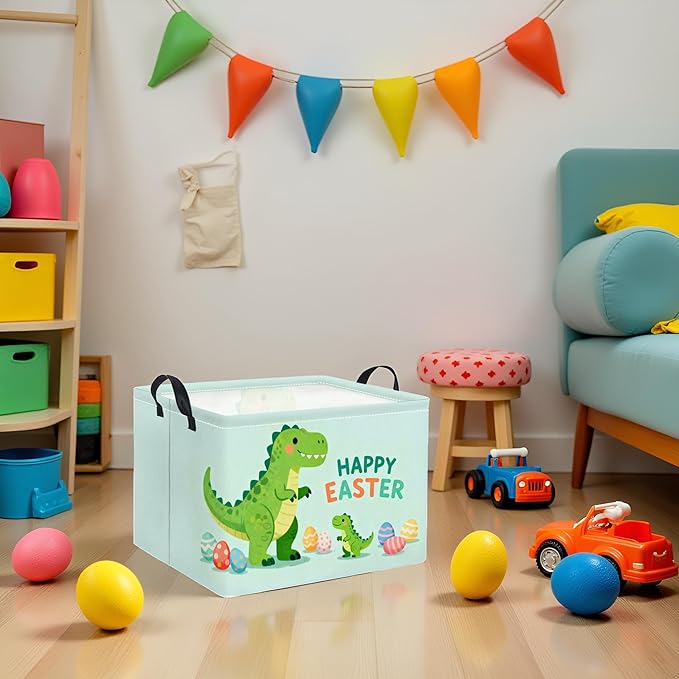 HIYAGON Rectangular Easter Basket Baby Girl Basket Fabric Storage Bin Organizer Box Room Decor(Easter Dinosaur)