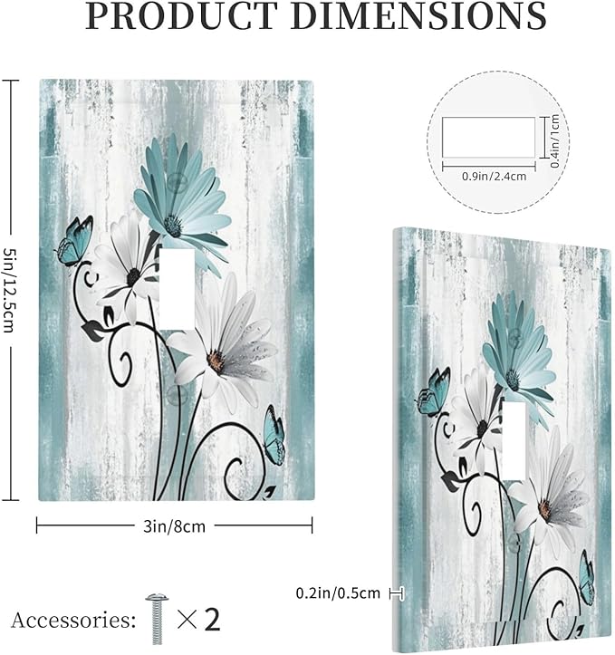 Light Switch Cover Plate Teal Daisy Floral Butterfly Vintage Wood 1 Gang Single Toggle Decorative Switch Plates Wall Plates Electrical Faceplate Socket Covers for Bathroom Bedroom Decor