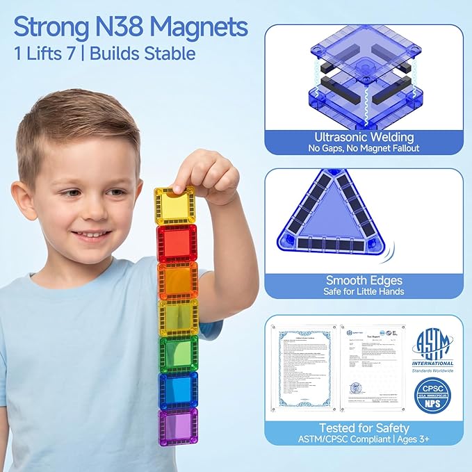 WMXDU 60 PCS Magnetic Tiles Travel Set for Kids, Portable Magnetic Building Blocks with Tin Box, Car Rides Airplane Road Trip Activities, Birthday Gift for Boys