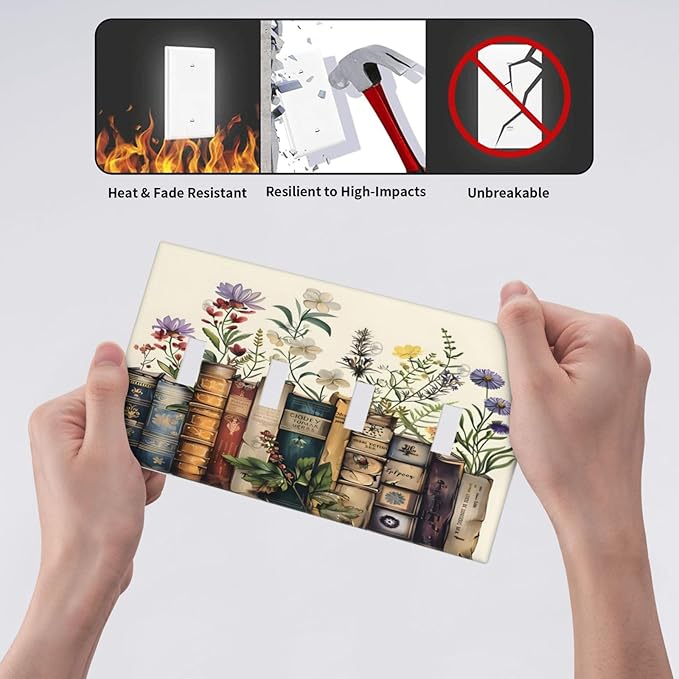 Plant Floral Books Colorful Flower Light Switch Covers Quad Toggle Electrical Faceplate 4 Gang Wall Plate Decorative Switch Plates Cover for Kids Room Bedroom Decor