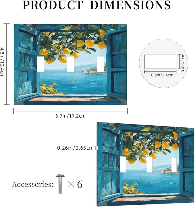 Window View Coastal Lemon Tree Mediterranean Landscape Decorative Switch Plates 3 Gang Wall Plate Triple Toggle Light Switch Cover Faceplate Electrical Wall Panels for Bedroom Living Room Decor