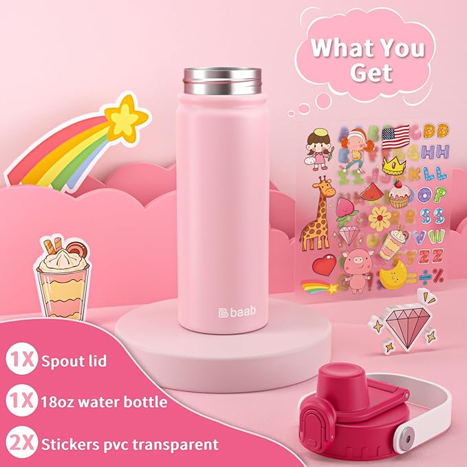 baab 18oz Kids Water Bottle, Insulated Kids Water Bottle with Lockable Spout Lid & Stickers, 18/8 Stainless Steel Vacuum Leakproof Kid Water Cup with Handle for Boy Girl & School (Rose Pink, 1 Pack)