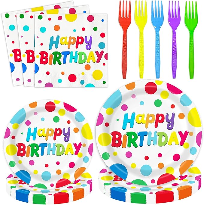 100 PCS Happy Birthday Paper Plates Napkins and Forks Set Serve 25, 9 Inches and 7 Inches Colorful Polka Dots Cake Dessert Plates Disposable Dinnerware Tableware Decor for Dinner Bday Party Supplies