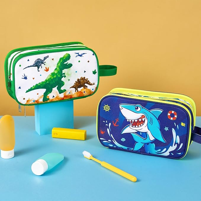 Shark Toiletry Bag - Kids Toiletry Bag for Boys Christmas Birthday Gift Camping Travel Toiletry Case Toiletries Makeup Cosmetic Pouch Pink Water-resistant Wash Bag Dopp Kit with Mesh Pocket