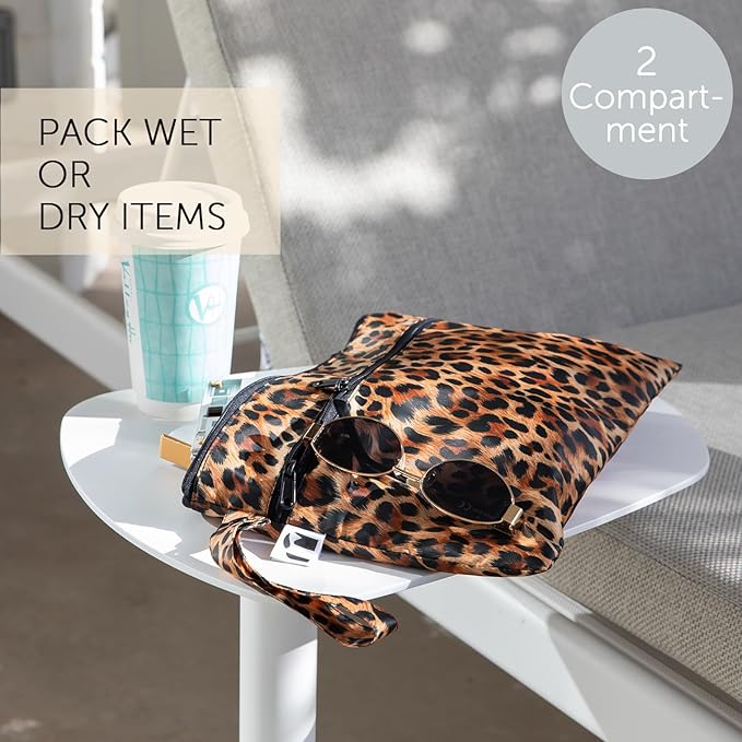 Bumkins Roamio Waterproof Wet Dry Clutch Bag for Baby, Travel, Swim Suit, Cloth Diaper, Pump Part, Pool, Gym Clothes, Beach, Toiletry, Hook to Stroller, Pack for Daycare, Zip Pack Pouch, Leopard Print