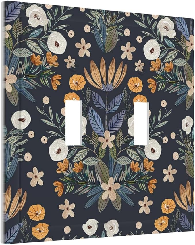Boho Leaf Floral Navy Blue Background Double Toggle Light Switch Covers 2 Gang Wall Plate Dual Decorative Switchplate Electrical Faceplate for Farmhouse Country Bedroom Bedroom Decor