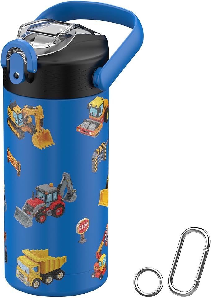 MYFOREST 14oz/400ml Insulated Kids Water Bottle, Odor-Free Surgical Grade Liner, Dishwasher-Safe, Name Spot, Soft Sipper, Gift for Big Machine Fan (Construction Vehicles)