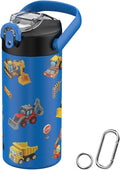 MYFOREST 14oz/400ml Insulated Kids Water Bottle, Odor-Free Surgical Grade Liner, Dishwasher-Safe, Name Spot, Soft Sipper, Gift for Big Machine Fan (Construction Vehicles)
