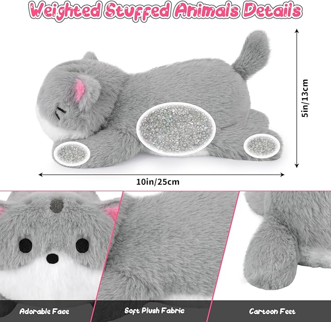 Weighted Cat Stuffed Animal,10inch Kawaii Weighted Stuffed Animals,Realistic Gray Cat Plush Toy Soft Huggable Weighted Plush Pillow for Kids Girls Boys