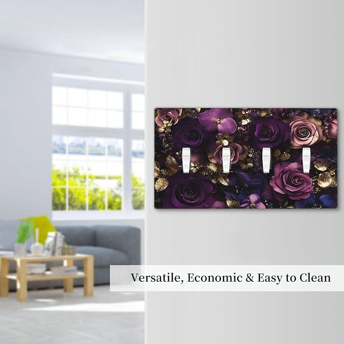 Decorative Switch Plate Cover with Luxurious Purple Roses Gold Accents Leaves Design 4 Gang Artistic Wall Plate Unique Quad Toggle Light Switch Covers for Romantic Bedroom/Living Room Decor
