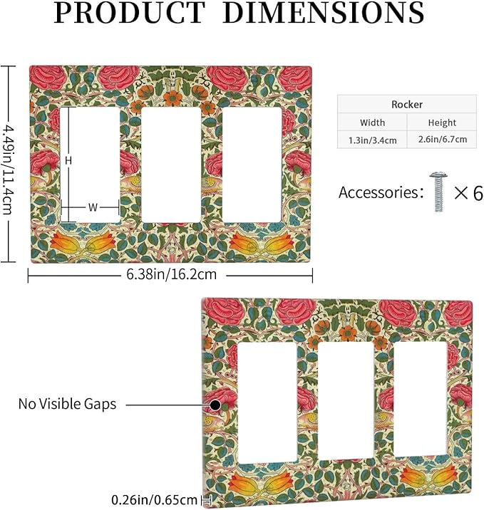 William Morris Roses Floral Triple Rocker Light Switch Cover VintageTulip Flower Plant Bird 3 Gang Rocker Outlet Covers Decorative Electrical Wall Plate for Country Bedroom Home Decor