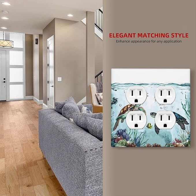 Sea Turtles Sea Coral Seaweed Ocean Jellyfish Outlet Covers 2 Gang Double Duplex Decorative Light Switch Covers Electrical Wallplates Socket Faceplate for Kids Room Bathroom Decor
